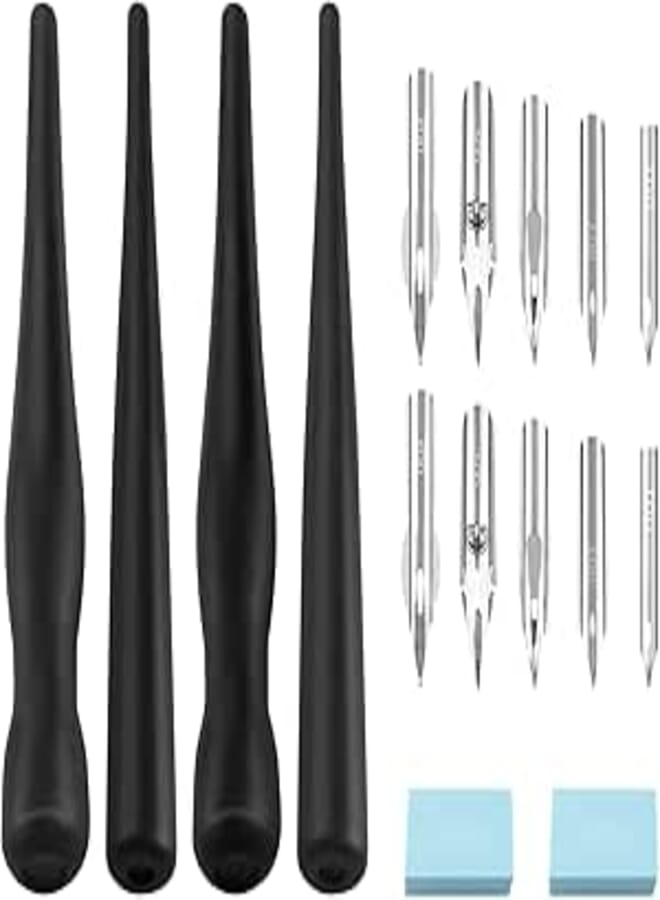 2 Sets Comic Drawing Painting Tools Kit, Calligraphy Pen Nib Pens Manga Painting Kit 4 Dip Pen Holder + 10 Nib + 2 Drawing Eraser for DIY Craft Drawing Sketching Mapping, Black